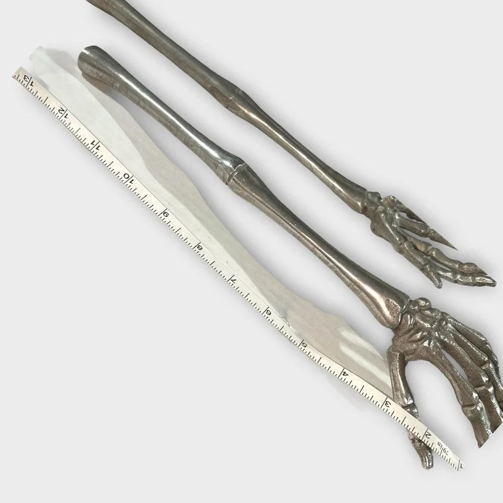 Vtg Skeleton Hand Salad Servers Cast Metal Gothic Halloween Oddity Flatware Pair